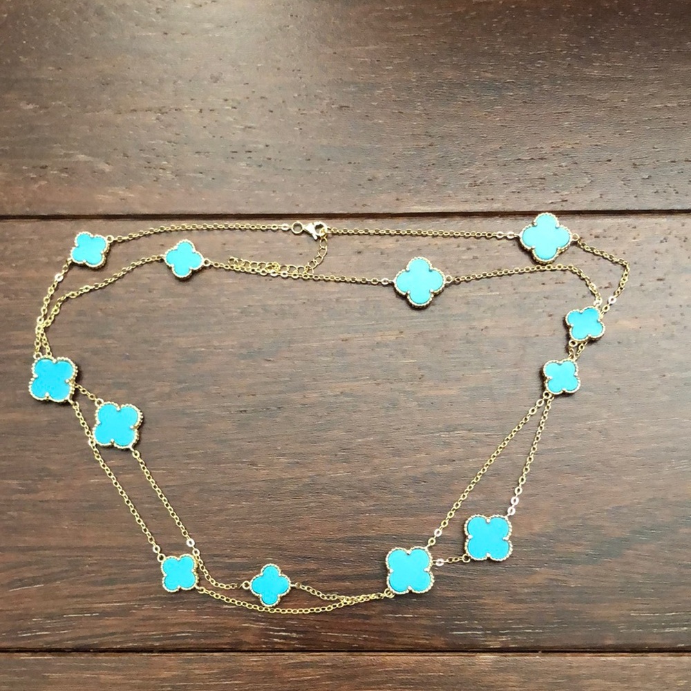 Genuine NWT turquoise clover station necklace on long gold over sterling chain